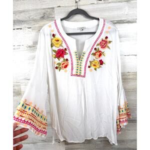 Ann Carson Womens 1X White Embroidered Boho Flare Sleeve Long Sleeve Blouse NEW
